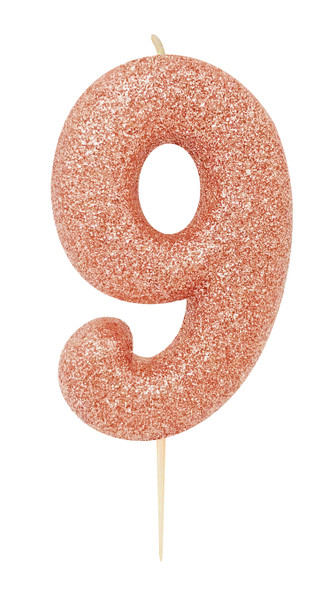 Rose Gold Glitter Candle Number 9