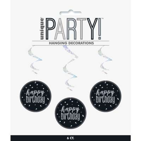 Glitz Black Dot Hanging Swirl Decoration Pk6 Happy Birthday