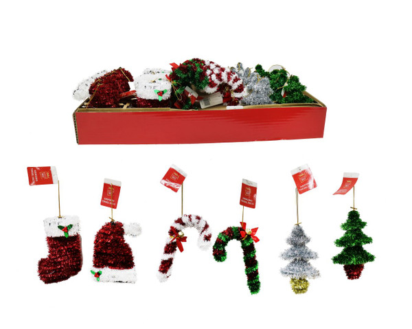 SINGLE TINSEL HANGING DECORATION  ASSORTED DESIGNS