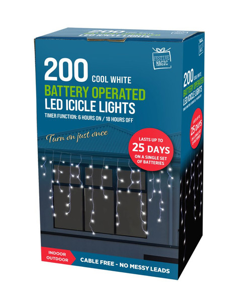 200 LED TIMER ICICLE LIGHTS BATTERY OPERATED WHITE