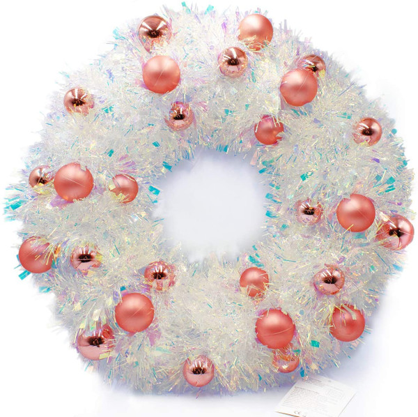 Light Up Irridescent Tinsel Wreath Rose Gold Bauble with 58 Warm White LED Battery Operated