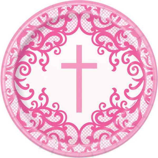 Pink Cross Plates Communion or Christening 9in