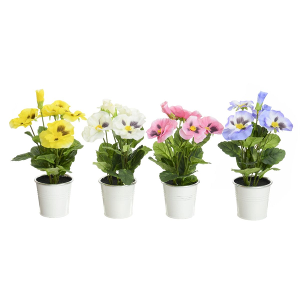 Artificial Pansy Yellow in White Pot