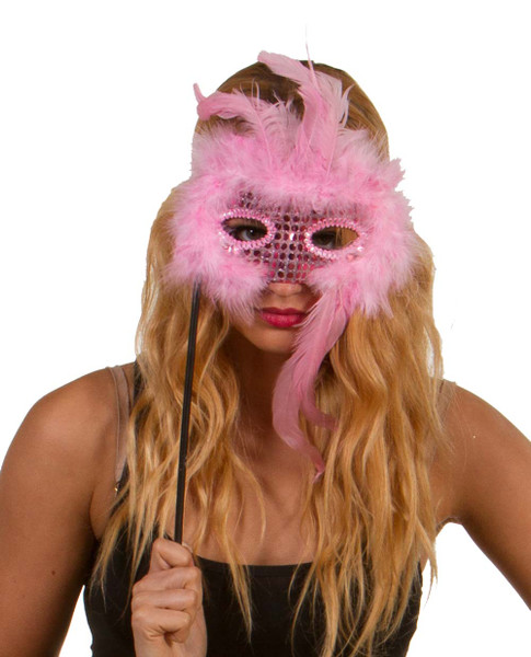 Masquerade Mask Pink Sequinned with Stick