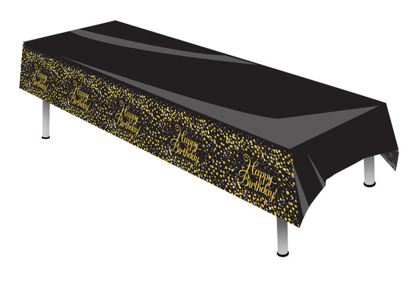 Black and Gold Sparkling Fizz Tablecover Happy Birthday 137x260cm