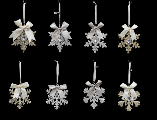 HANGING SNOWFLAKE GLITTER WITH BOW 10cm Choose from 8 assorted styles