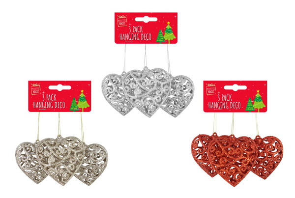 GLITTER HANGING HEART 3 PACK Choose from 3 assorted styles 