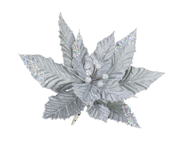 CLIP ON POINSETTIA 30cm VELVET SILVER