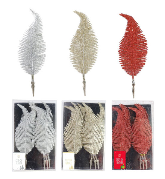 CLIP ON GLITTER PLASTIC FEATHER 6pc Choose from 3 assorted styles 