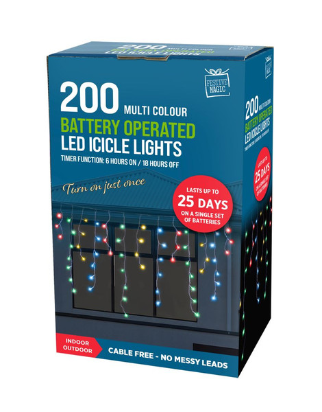 200 LED TIMER ICICLE LIGHTS BATTERY OPERATED MULTICOLOURED