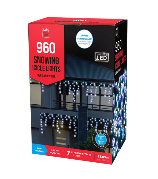 960 LED SNOWING ICICLE LIGHTS WHITE AND BLUE