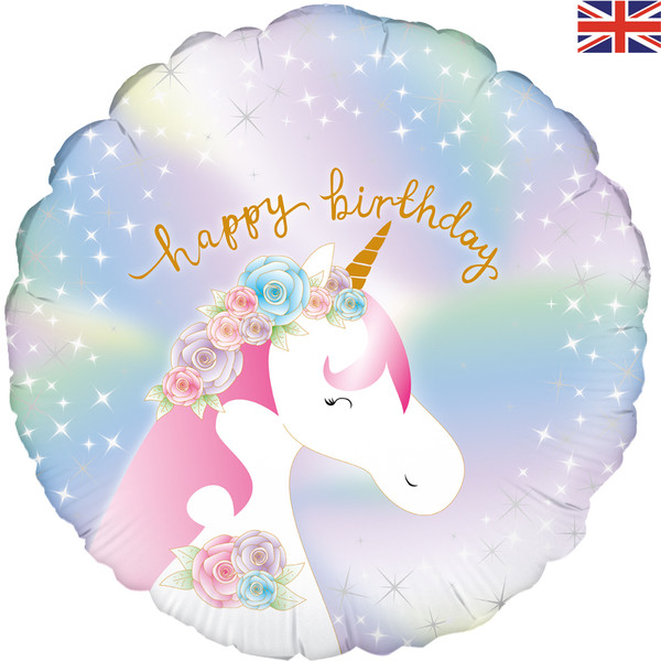 H100 18in Foil Balloon Happy Birthday Pastel Unicorn Iridescent