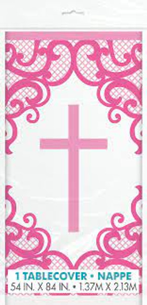 Pink Cross Tablecover Communion or Christening 54x84in 