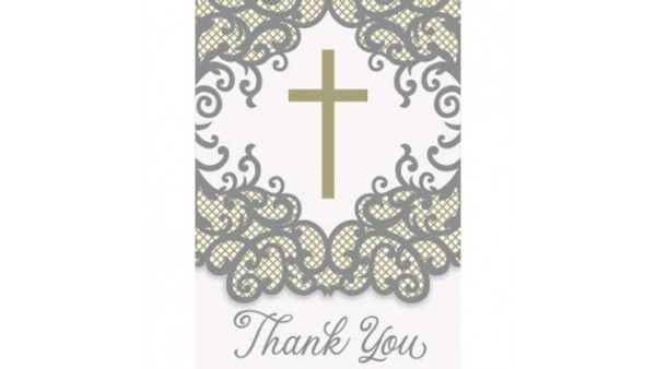 Gold Cross Thank You Cards Communion or Cristening Pk8