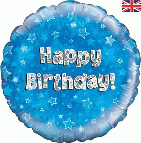 H100 18in Foil Balloon Blue Holographic Happy Birthday