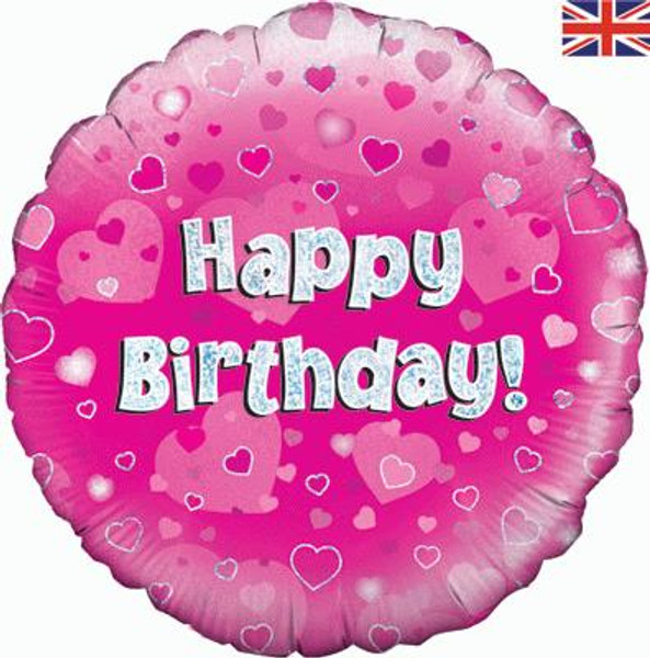 H100 18in Foil Balloon Pink Holographic Happy Birthday