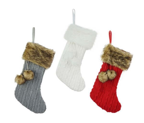 CABLE KNIT STOCKING FUR TRIM POMPOM