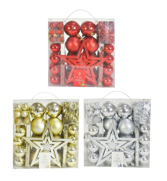 BAUBLE DECORATION MEGA PACK 83pc GOLD SILVER OR RED
