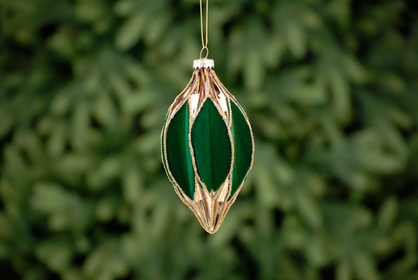 13cm gold and dark green flocked segments glass oliv