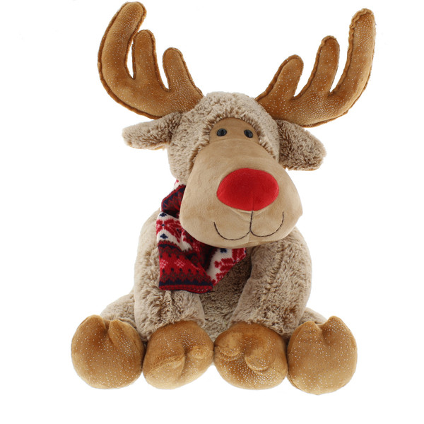 23cm plush light brown reindeer with red scarf