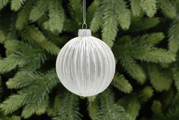 8cm frosted with silver glitter ridged glass bauble