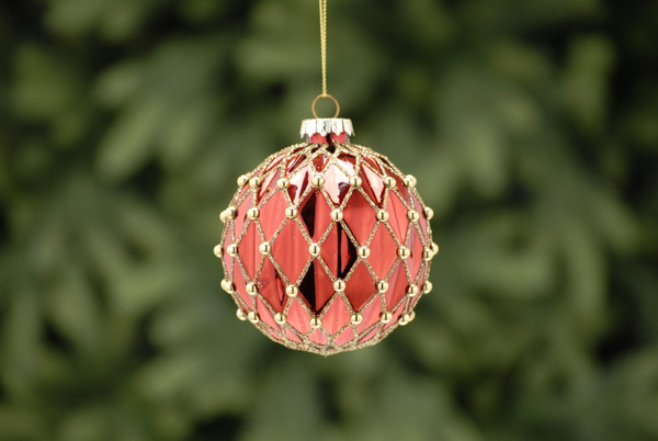 8cm red and gold glitter and gems segment glass ball