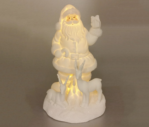 23cm BO White Porcelain Santa and Reindeer with led lights