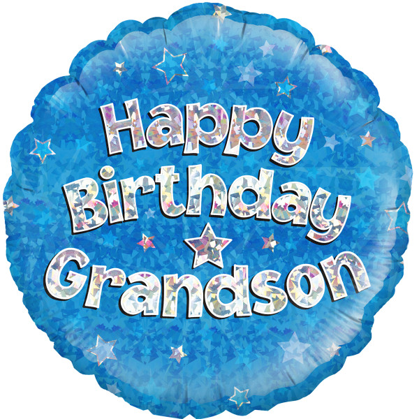 H100 18in Foil Balloon Happy Birthday Grandson Blue Holographic