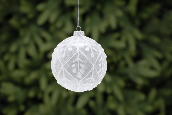 Frosted White With Leaf Design Glass Ball Bauble 10cm