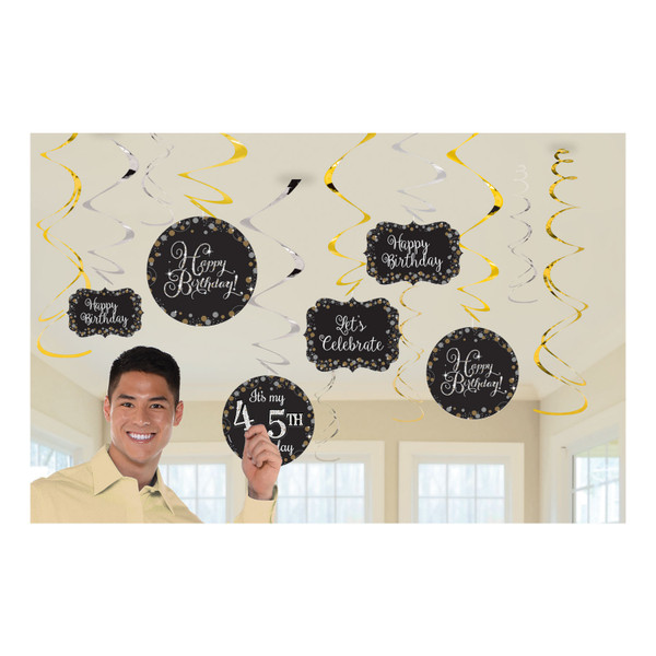 Gold Celebration Happy Birthday Swirl Decorations 12pc