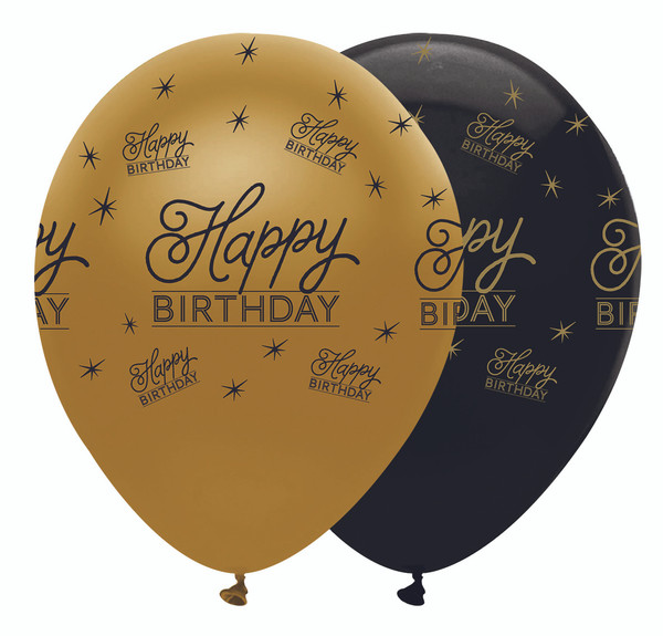 12in Latex Balloons Black Gold Birthday Pk6 12in Latex Balloons Black Gold Birthday Pk6