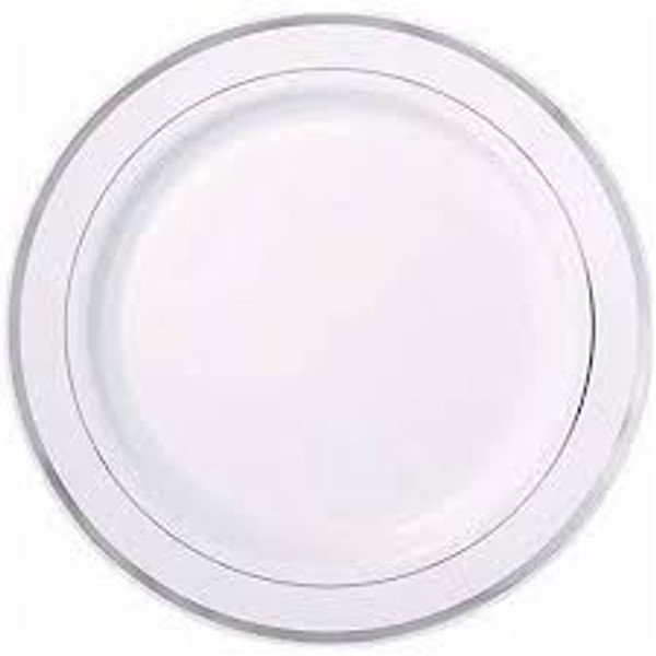 White Premium Plastic Plates with Silver Trim 26cm Pk10