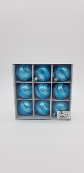 9 x 60mm Decorated Baubles Ice Bl