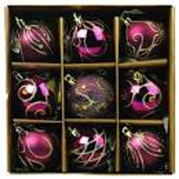 60mm Decorated Bauble Balls Pk9 Cranberry