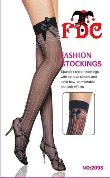 Spandex sheer stockings with opaque stripes and satin bow