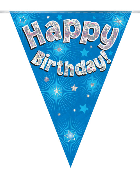 Blue Holographic Bunting 11 Flags Happy Birthday 