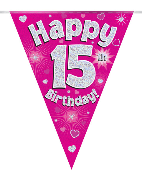 Pink Holographic Bunting 11 Flags Age 15