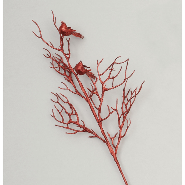 72cm Glitter Twig and Bird Spray Red