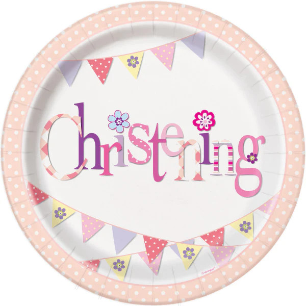 Pink Bunting Christening Plates Pk8 9in