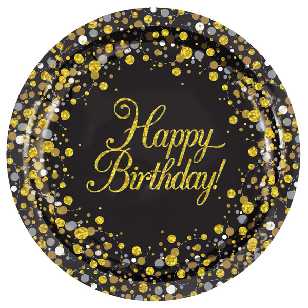 Black and Gold Sparkling Fizz Happy Birthday Plates 9in 23cm Pk8