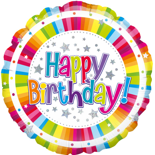 H100 18in Foil Balloon Bright Stripe Happy Birthday Holographic