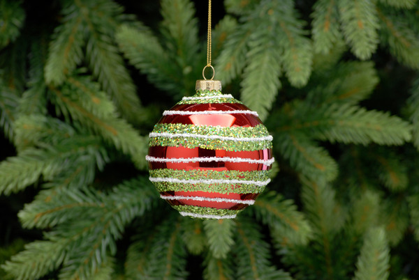 8cm red glass bauble with green and white glitter