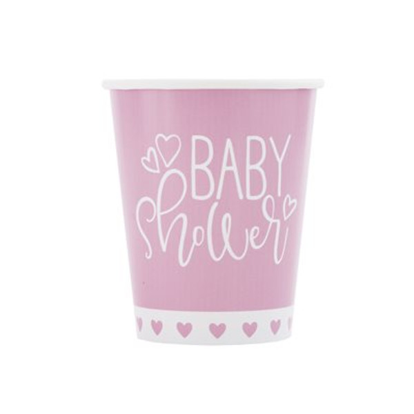 Baby Shower Pink Hearts Paper Cups Pk8 270ml