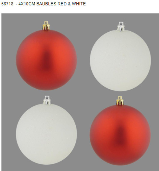 Baubles Red and White 10cm Pk4