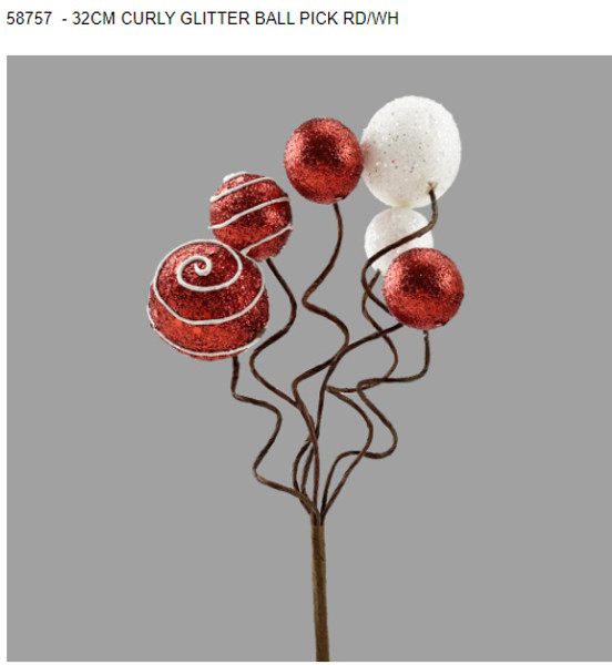 Curly Glitter Ball Pick Red and White 32cm