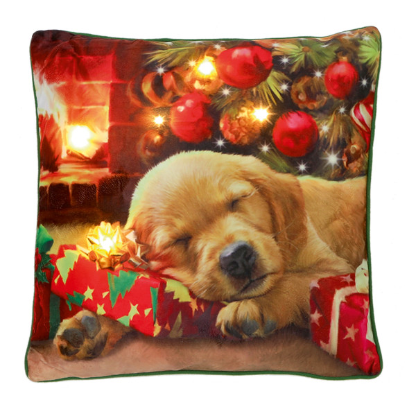 Lit Battery Operated Christmas Puppy by the Fire Cushion Choice of 2 45x45cm