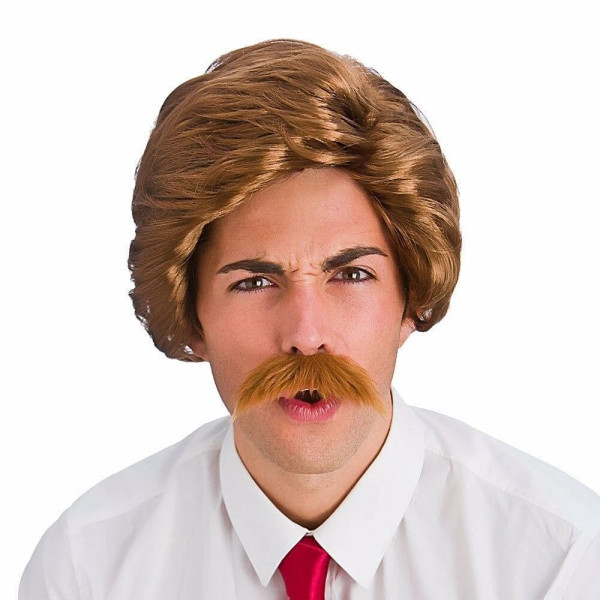 Funny Guy News Reader Wig and Moustache Brown