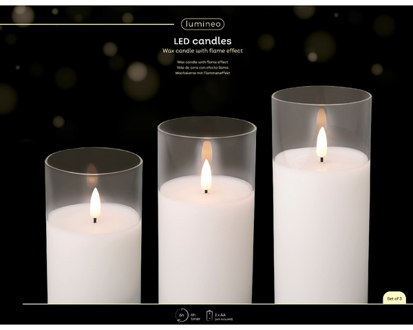 LED Glass White Candles Flame Effect Set3 BO 7.5x17.5cm