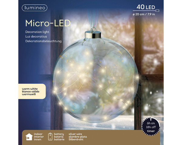 20cm Iridescent Bauble with 40 LED BO Timer Micro Wire Lights Warm white