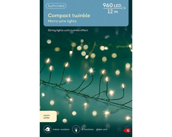960 LED Micro Wire Compact Twinkle Lights Warm White Green Wire
